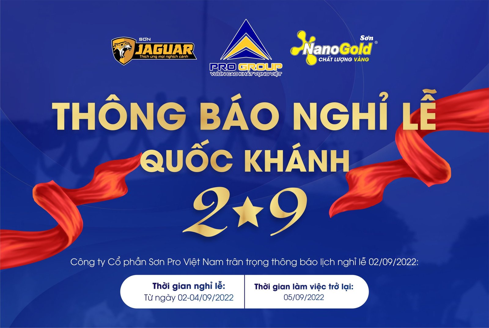 PRO GROUP Thông báo lịch nghỉ lễ Quốc Khánh 02/09/2022