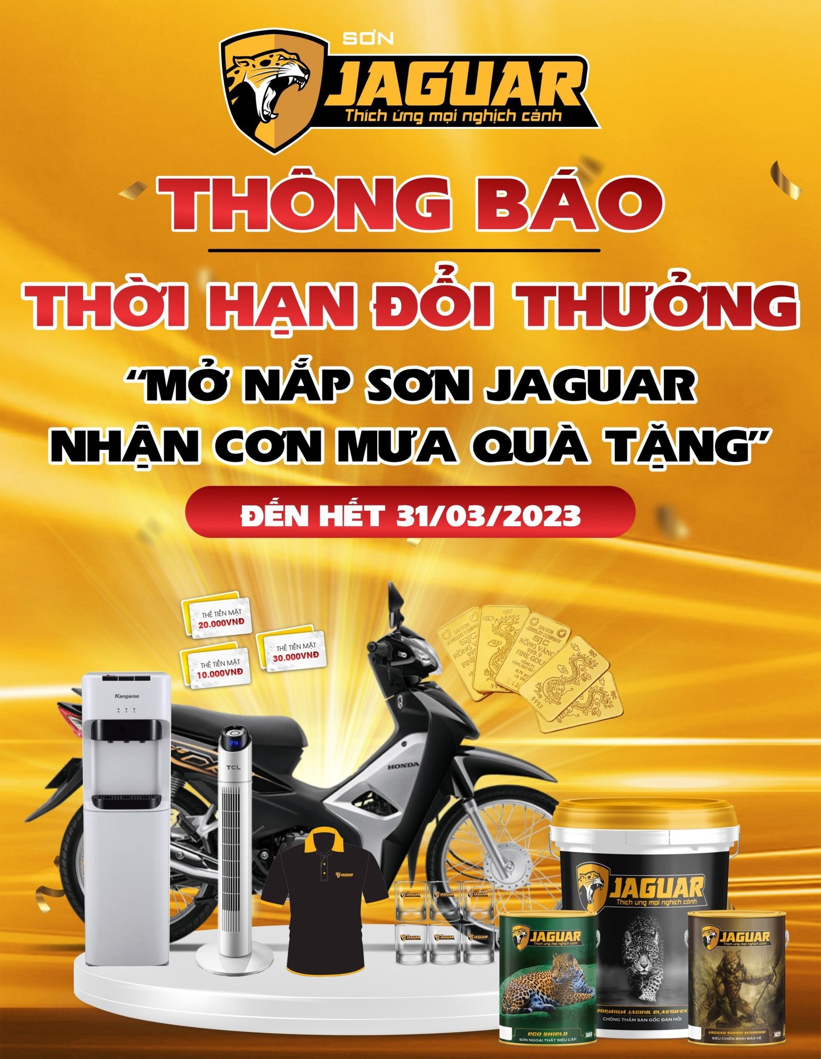 Thông báo THỜI HẠN ĐỔI THƯỞNG sự kiện “MỞ NẮP SƠN JAGUAR – NHẬN CƠN MƯA QUÀ TẶNG”