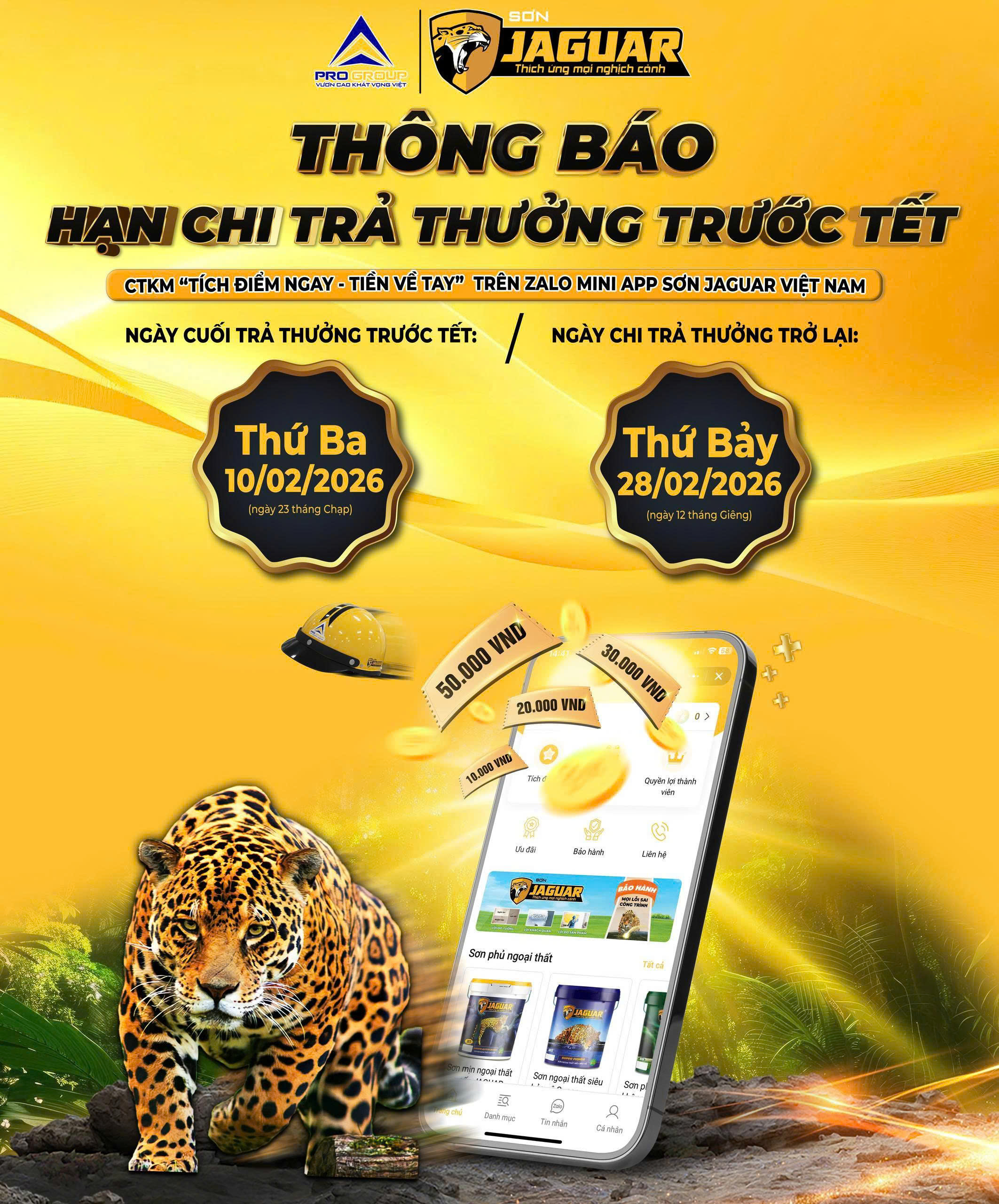THÔNG BÁO HẠN CHI TRẢ THƯỞNG TRƯỚC TẾT CTKM “TÍCH ĐIỂM NGAY – TIỀN VỀ TAY” TRÊN ZALO MINI APP SƠN JAGUAR VIỆT NAM