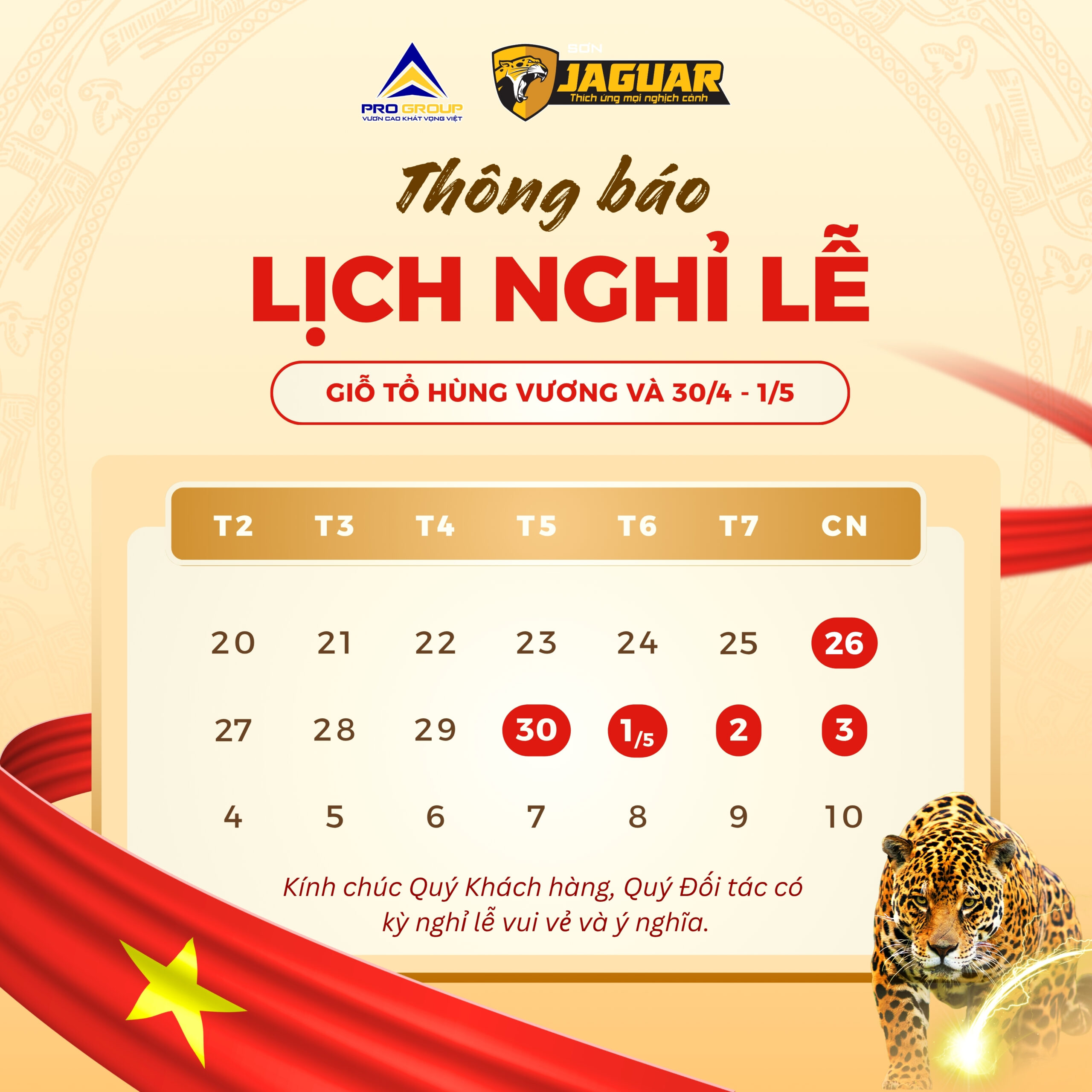 THÔNG BÁO LỊCH NGHỈ LỄ GIỖ TỔ HÙNG VƯƠNG VÀ 30/04 – 01/05